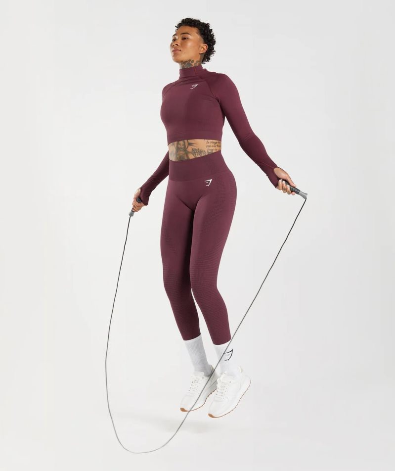 Women's Gymshark Vital Seamless 2.0 High Neck Midi Cropped Tops Burgundy | NZ 0CVOMK